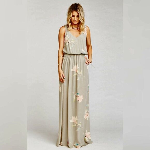 Show Me Your MuMu Dresses & Skirts - Show Me Your Mumu - XS -Kendall Maxi Dress V Neck Slit Blouson Lily Showers Gray